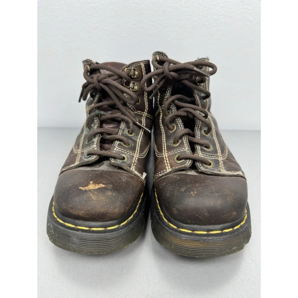 Vintage Dr Martens Boots Mens 10 M Brown Leather Ankle Work Brown Yellow 90s Y2K